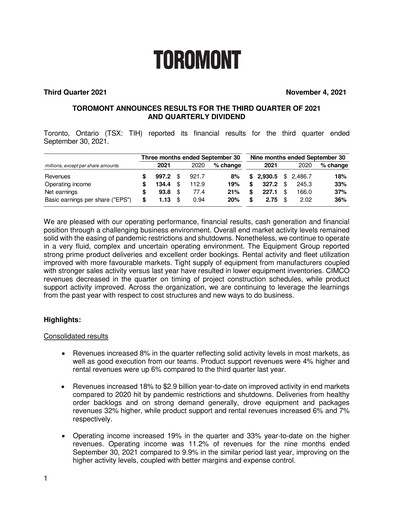Thumbnail Toromont Quarterly Report 2021-q3