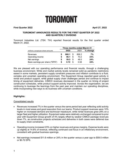 Thumbnail Toromont Quarterly Report 2022-q1