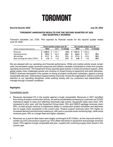 Thumbnail Toromont Quarterly Report 2022-q2