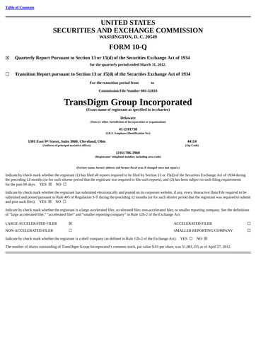 Thumbnail TransDigm Group Quarterly Report 2012-q2