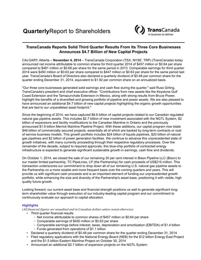 Thumbnail TC Energy
 Quarterly Report 2014-q3