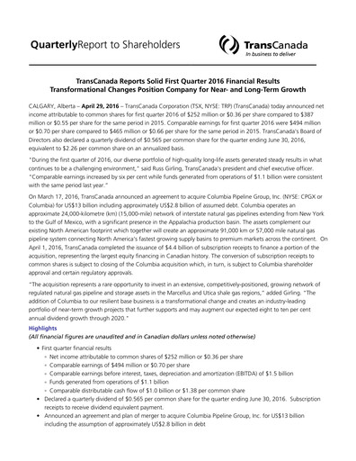 Thumbnail TC Energy
 Quarterly Report 2016-q1