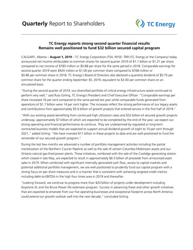 Thumbnail TC Energy
 Quarterly Report 2019-q2