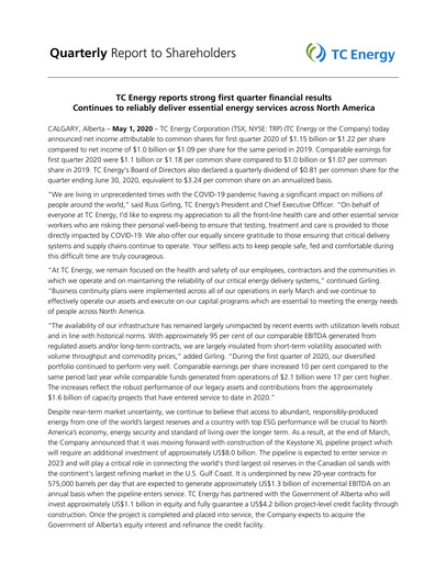 Thumbnail TC Energy
 Quarterly Report 2020-q1