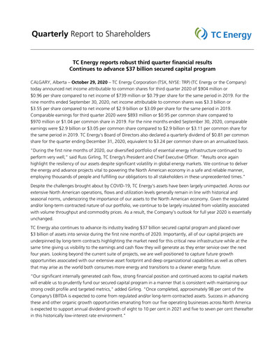 Thumbnail TC Energy
 Quarterly Report 2020-q3
