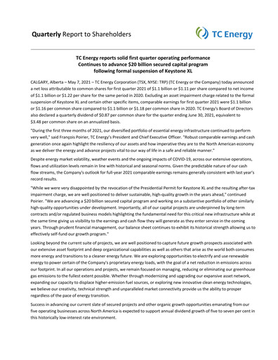Thumbnail TC Energy
 Quarterly Report 2021-q1