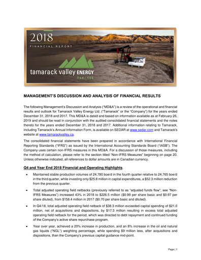 Thumbnail Tamarack Valley Energy Financial Statement 2018
