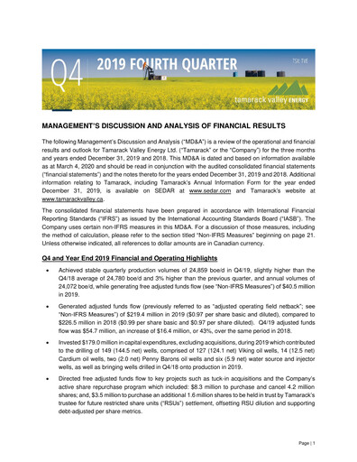 Thumbnail Tamarack Valley Energy Financial Statement 2019