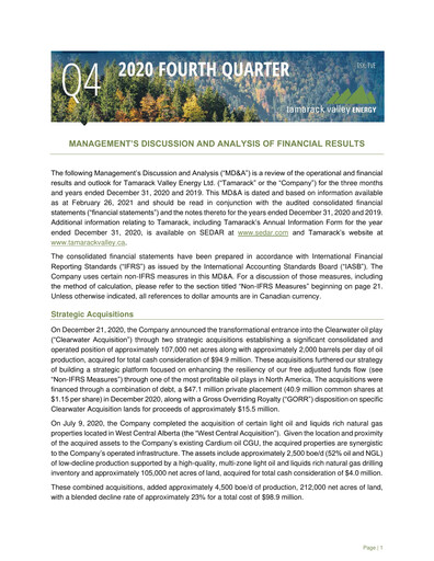 Thumbnail Tamarack Valley Energy Financial Statement 2020