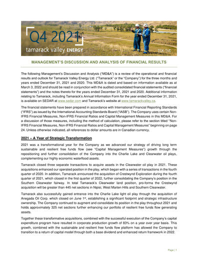 Thumbnail Tamarack Valley Energy Financial Statement 2021