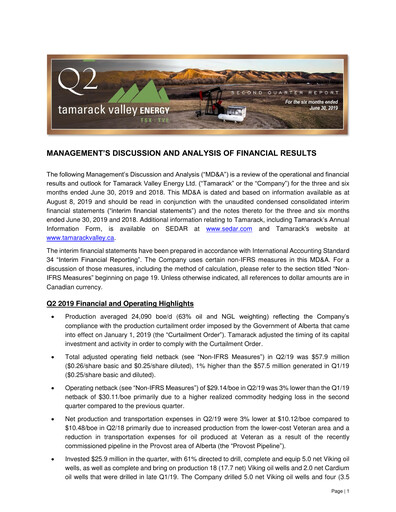 Thumbnail Tamarack Valley Energy Quarterly Report 2019-q2