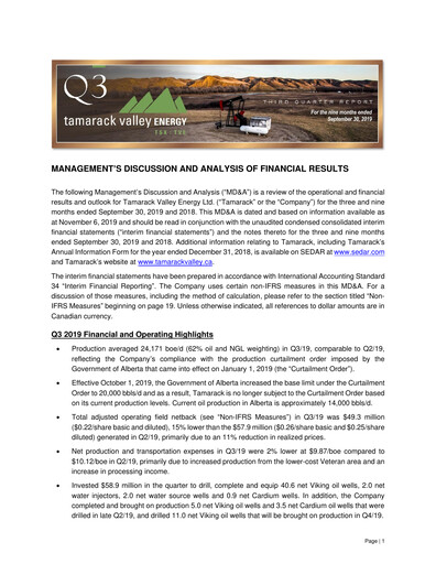 Thumbnail Tamarack Valley Energy Quarterly Report 2019-q3