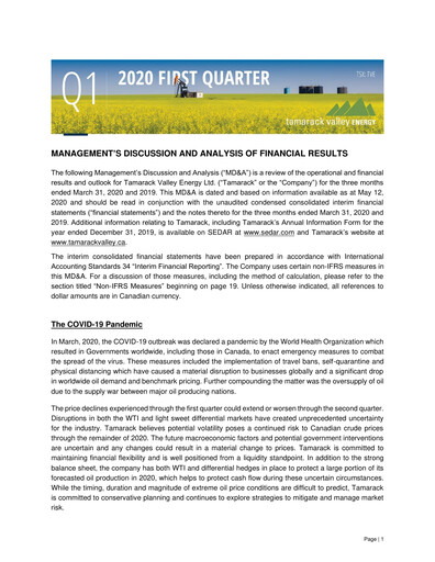 Thumbnail Tamarack Valley Energy Quarterly Report 2020-q1