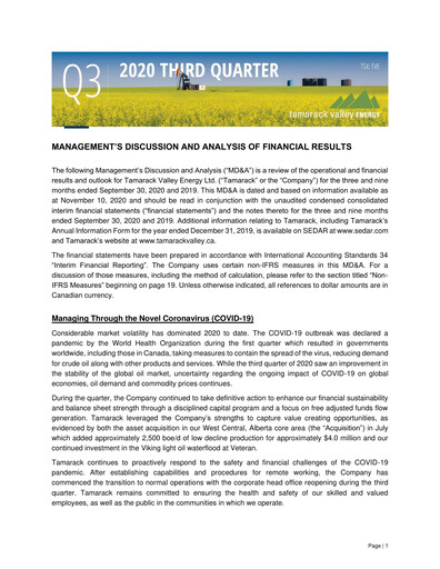 Thumbnail Tamarack Valley Energy Quarterly Report 2020-q3