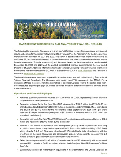 Thumbnail Tamarack Valley Energy Quarterly Report 2021-q3