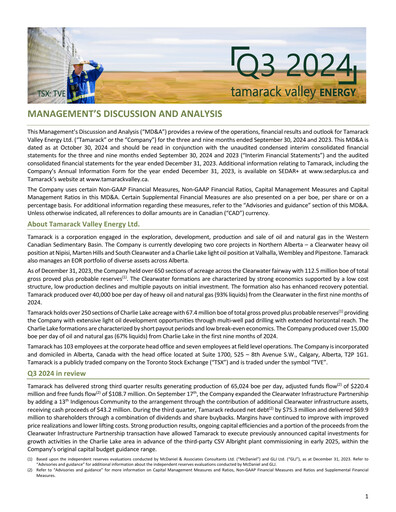 Thumbnail Tamarack Valley Energy Quarterly Report 2024-q3