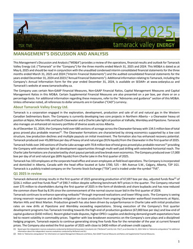 Thumbnail Tamarack Valley Energy Quarterly Report 2025-q1