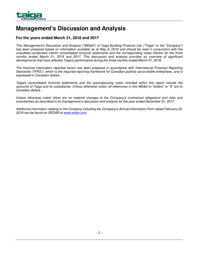 Thumbnail Taiga Building Products Quarterly Report 2018-q1