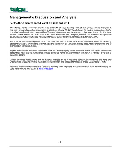Thumbnail Taiga Building Products Quarterly Report 2019-q1
