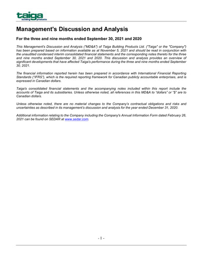 Thumbnail Taiga Building Products Quarterly Report 2021-q3