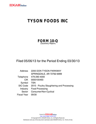 Thumbnail Tyson Foods
 Quarterly Report 2013-q2