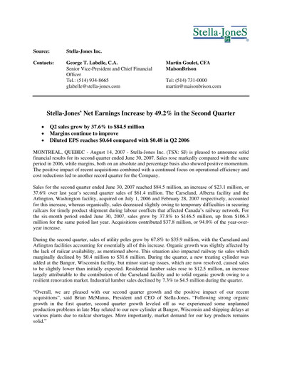 Thumbnail Stella-Jones Quarterly Report 2007-q2