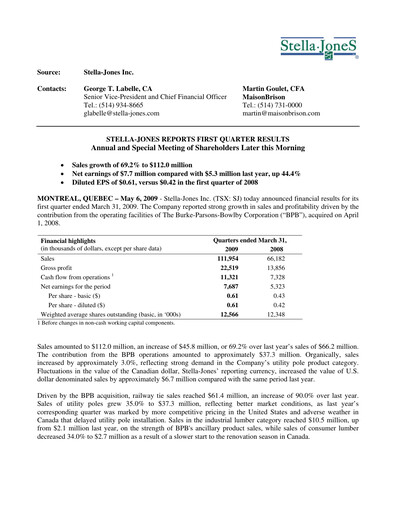 Thumbnail Stella-Jones Quarterly Report 2009-q1