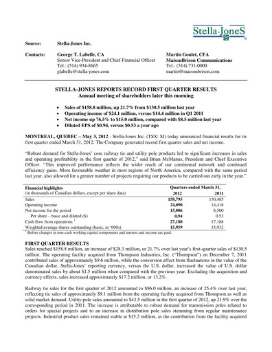 Thumbnail Stella-Jones Quarterly Report 2012-q1