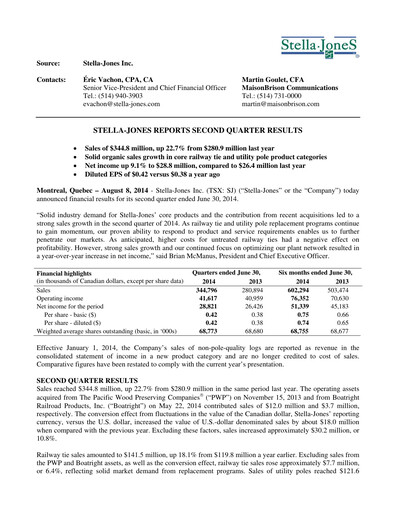 Thumbnail Stella-Jones Quarterly Report 2014-q2