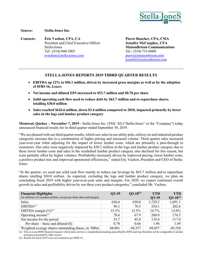 Thumbnail Stella-Jones Quarterly Report 2019-q3