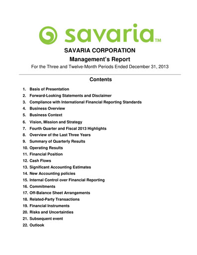 Thumbnail Savaria Corporation Financial Report 2013