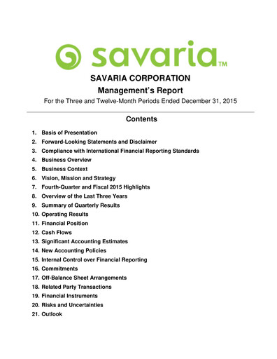 Thumbnail Savaria Corporation Financial Report 2015