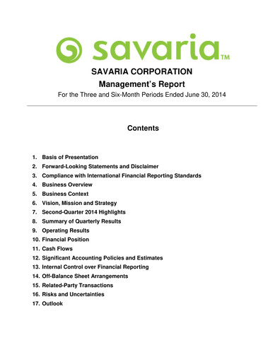 Thumbnail Savaria Corporation Quarterly Report 2014-q2