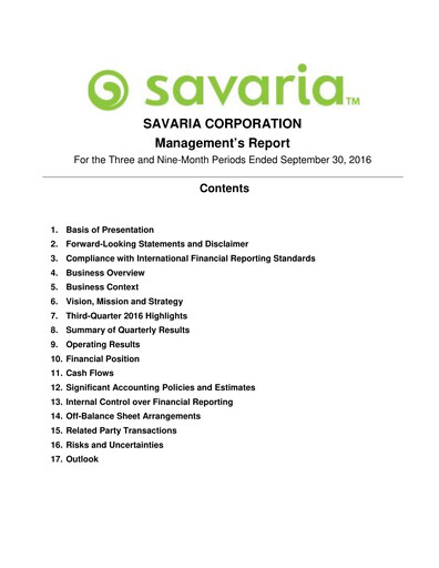 Thumbnail Savaria Corporation Quarterly Report 2016-q3