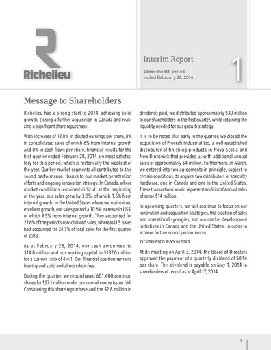 Thumbnail Richelieu Hardware Quarterly Report 2014-q1