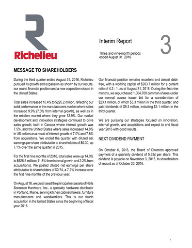 Thumbnail Richelieu Hardware Quarterly Report 2016-q3