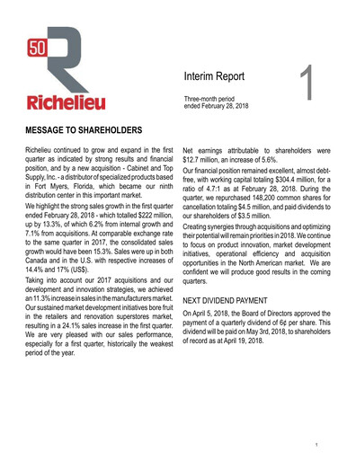 Thumbnail Richelieu Hardware Quarterly Report 2018-q1