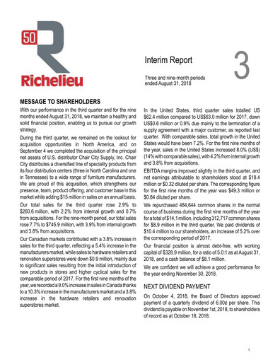 Thumbnail Richelieu Hardware Quarterly Report 2018-q3