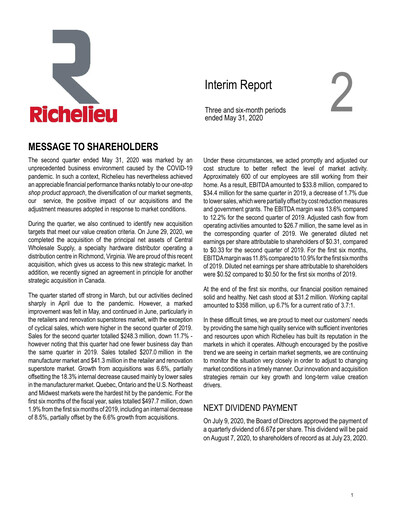 Thumbnail Richelieu Hardware Quarterly Report 2020-q2