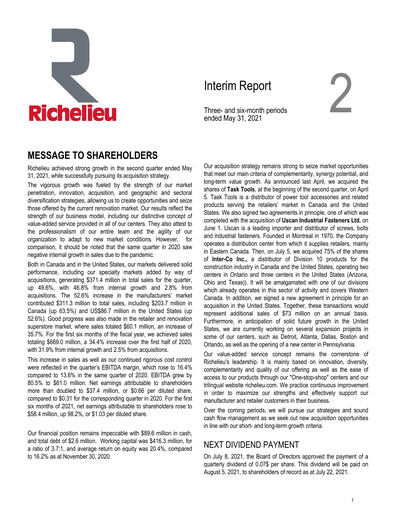 Thumbnail Richelieu Hardware Quarterly Report 2021-q2
