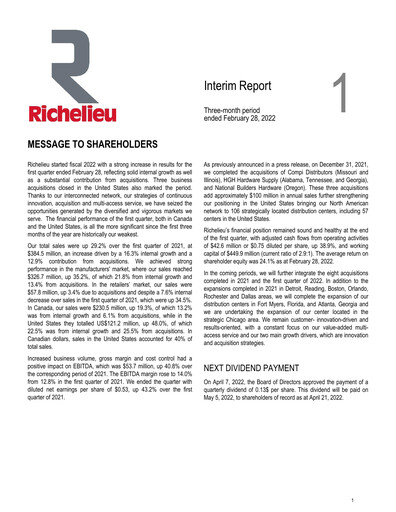Thumbnail Richelieu Hardware Quarterly Report 2022-q1
