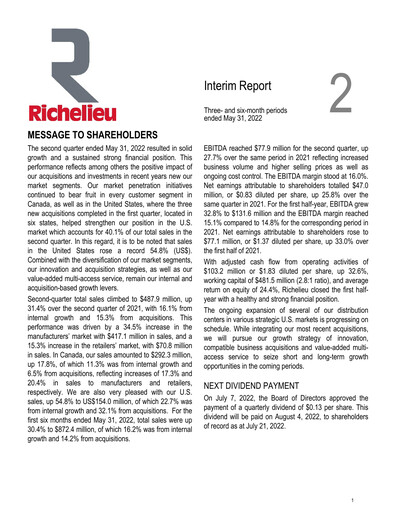 Thumbnail Richelieu Hardware Quarterly Report 2022-q2