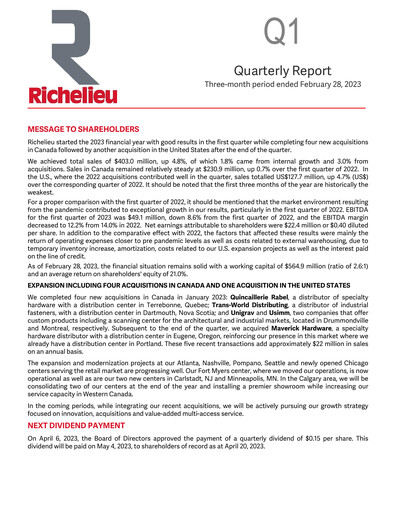 Thumbnail Richelieu Hardware Quarterly Report 2023-q1