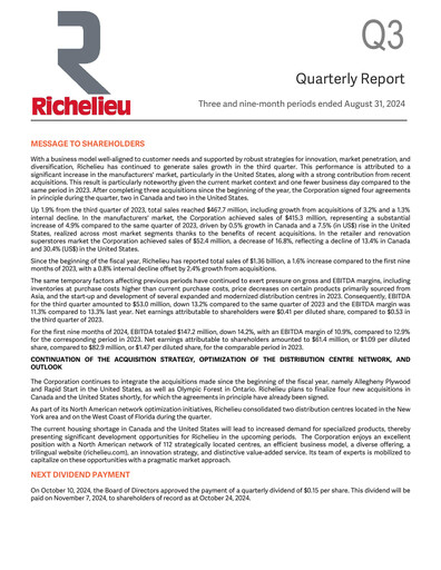 Thumbnail Richelieu Hardware Quarterly Report 2024-q3