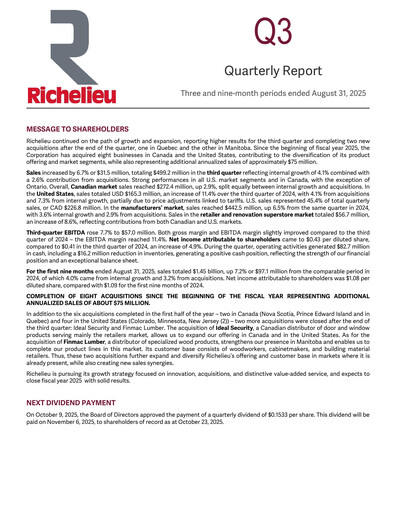 Thumbnail Richelieu Hardware Quarterly Report 2025-q3