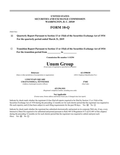 Thumbnail Unum Quarterly Report 2019-q1