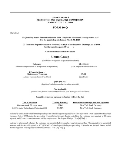 Thumbnail Unum Quarterly Report 2020-q1