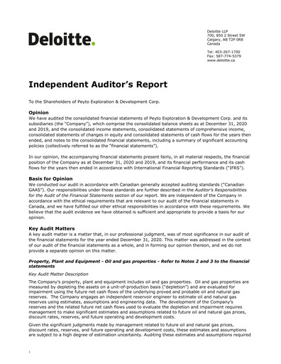 Thumbnail Peyto Exploration & Development Financial Statement 2020-q4