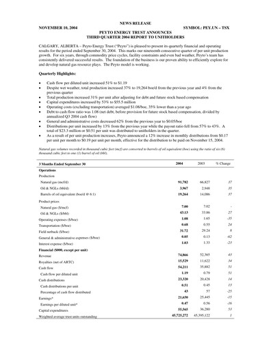 Vorschaubild Peyto Exploration & Development Quartalsbericht 2004-q3