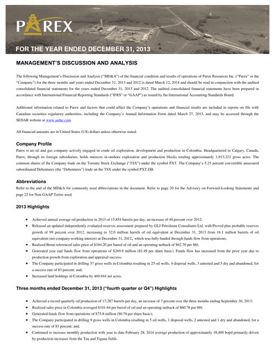 Miniature Parex Resources Bilan financier 2013